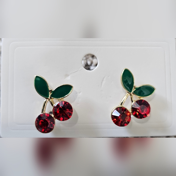 Jewelry - Cherry Design Earrings with Red and Green Accents, Plastic Backs, New